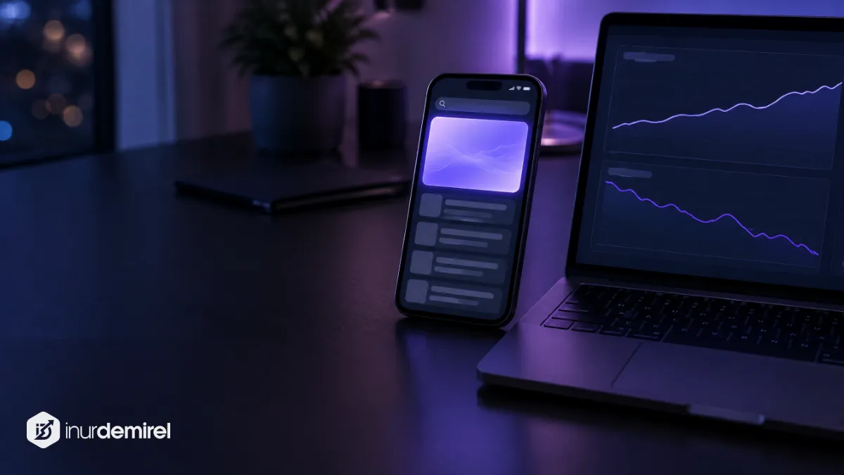 Üstte yapay zekâ özeti olan arama ekranlı telefon ve düşen tıklama çizgisi gösteren analiz paneli