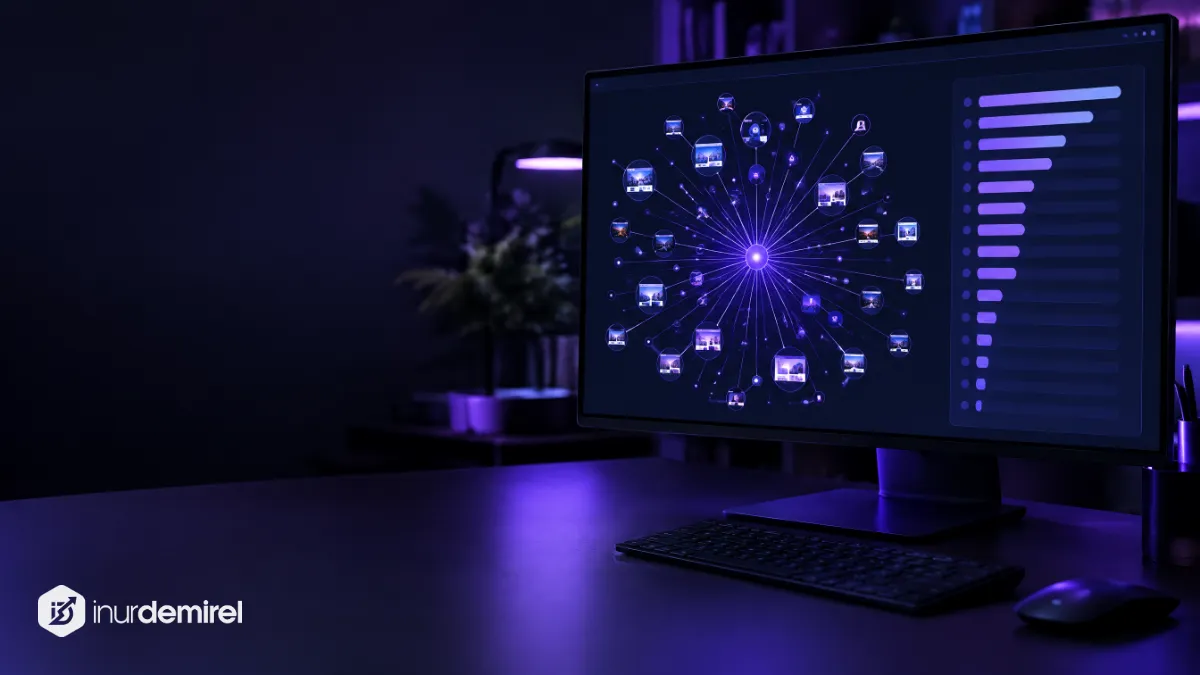 Karanlık odada, çok sayıda site düğümünün mor çizgilerle merkeze bağlandığı ağ grafiğini gösteren geniş monitör