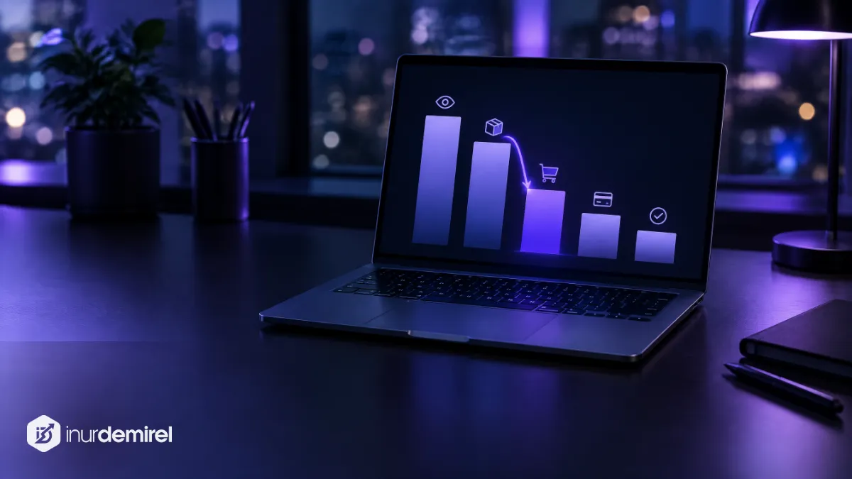 Adım adım azalan huni sütunları ve mor vurgulu kayıp adımı gösteren e-ticaret analiz ekranı