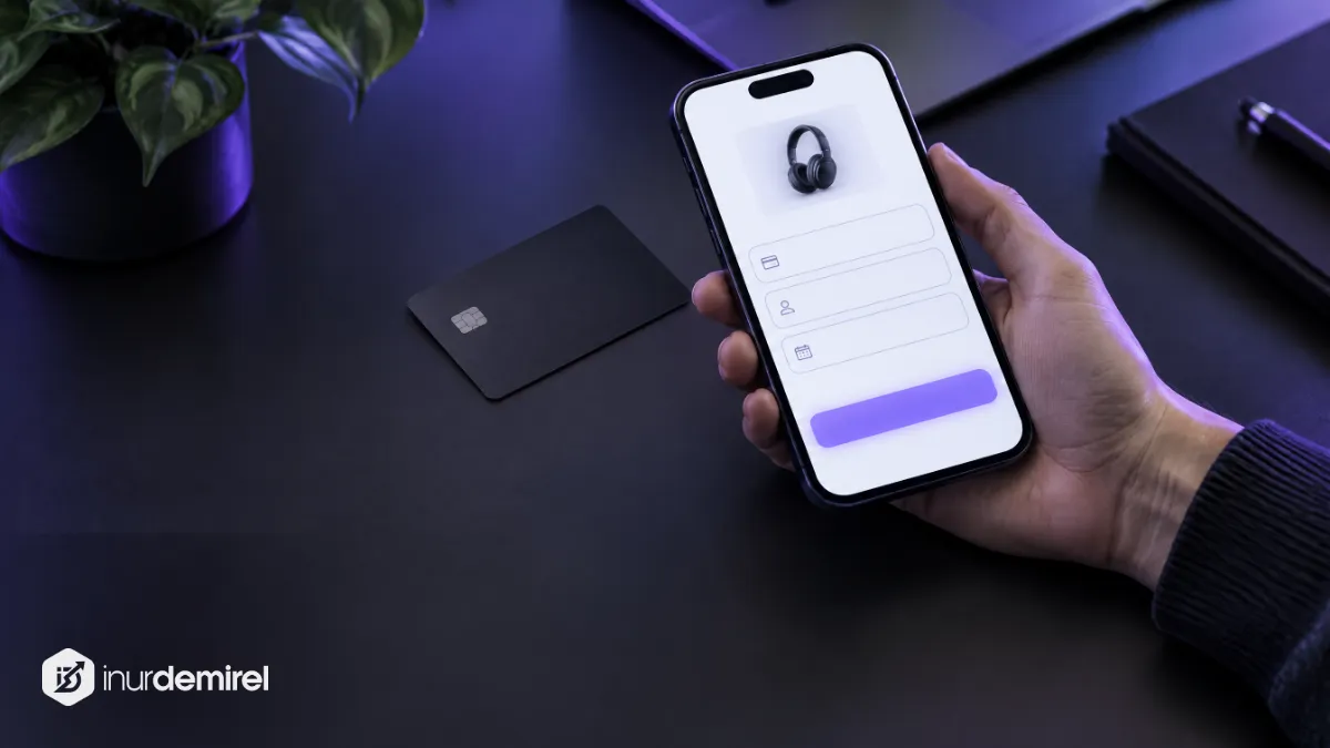 Az alanlı sade ödeme ekranı ve büyük mor ödeme düğmesi gösteren, elde tutulan akıllı telefon