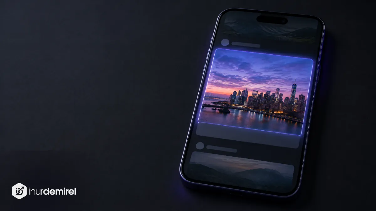 Ekranında geniş, yüksek çözünürlüklü şehir fotoğraflı büyük akış kartı olan akıllı telefon; mor ışıklı koyu yüzey