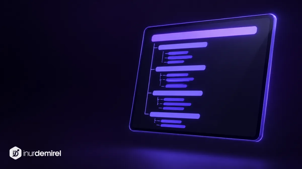 Kalın üst başlık çubuğu mor parlayan, altında girintili ara başlık çubukları dizili tablet ekranında sayfa taslağı