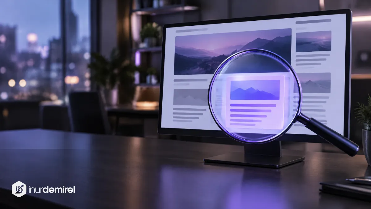 Monitördeki web sayfası düzeninin bir içerik bloğunu mor ışıkla büyüten cam büyüteç