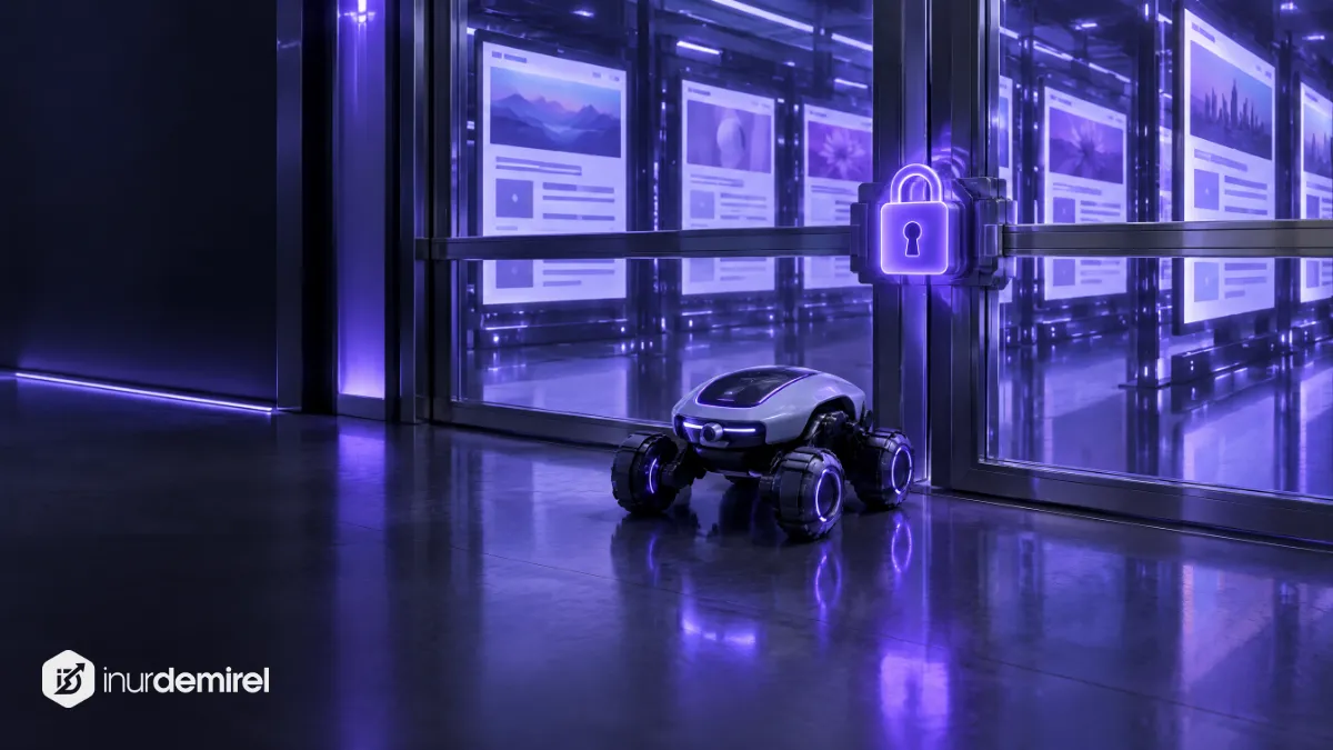 Arkasında web sayfaları bulunan, mor kilitli kapının önünde durdurulmuş küçük tarayıcı robot