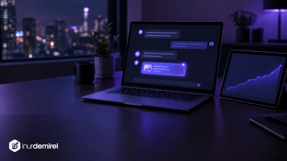 Yapay zekâ sohbet ekranında mor vurgulu kaynak kartı ve yükselen marka ilgisi grafiği gösteren dizüstü ile tablet