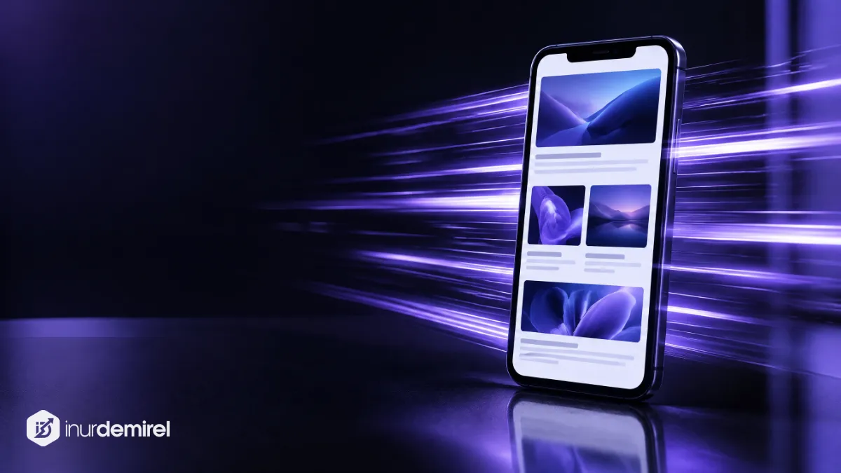 Etrafından mor hız ışıkları geçen, ekranında hızla yüklenmiş sade bir web sayfası olan akıllı telefon