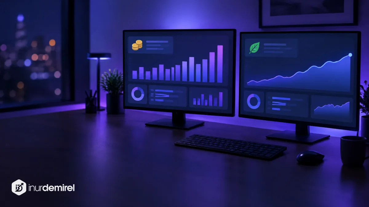 Solunda reklam, sağında organik arama grafikleri olan yan yana iki ayrı monitör