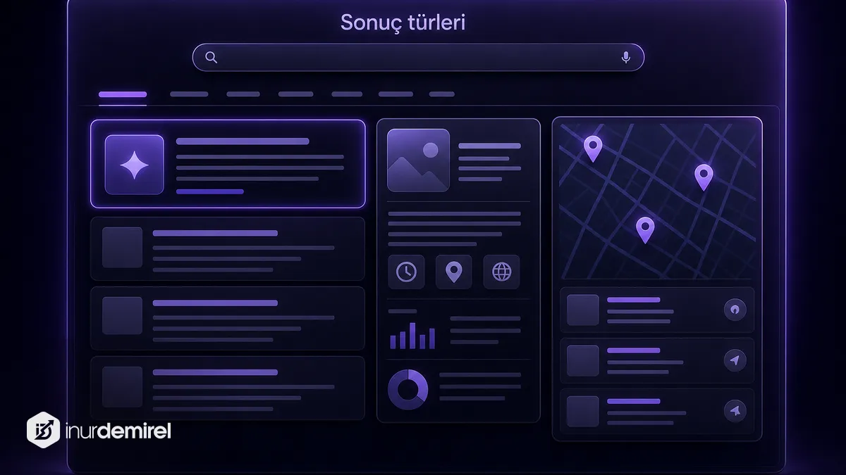 Koyu arayüzde üç sütunlu sonuç türleri: üstte vurgulu öne çıkan kutu, ortada bilgi kartı ve sağda üç işaretli harita gör