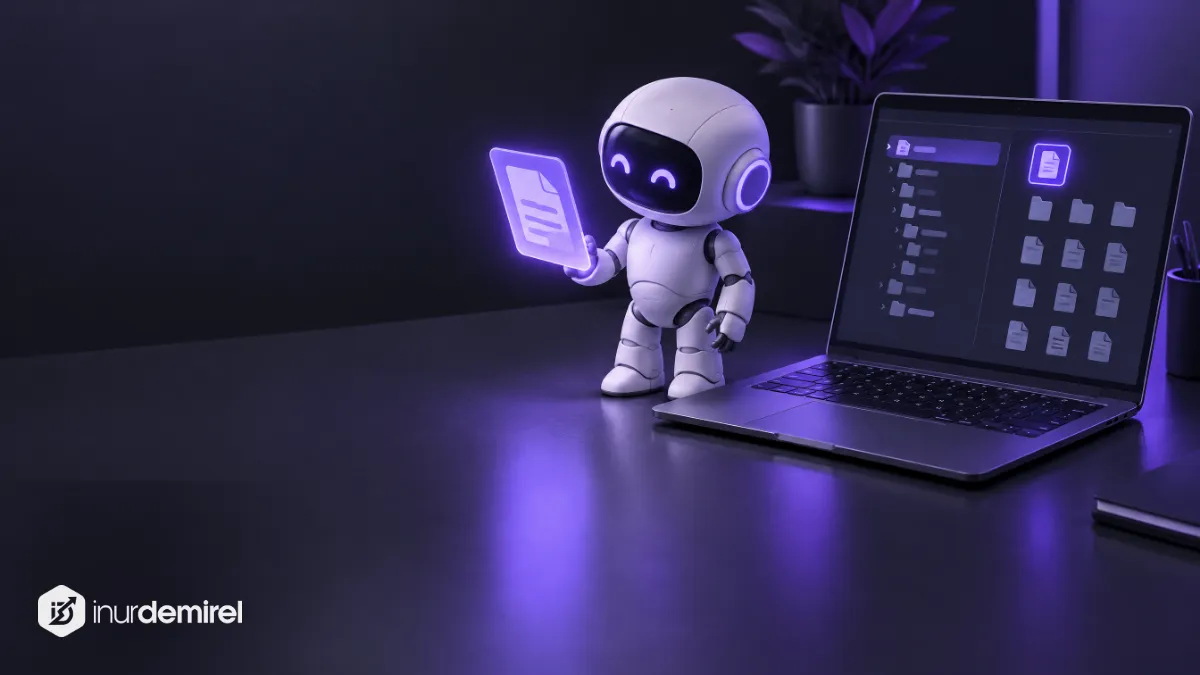 Dizüstündeki site klasör ağacında mor vurgulu dosyanın yanında belge kartını okuyan küçük robot